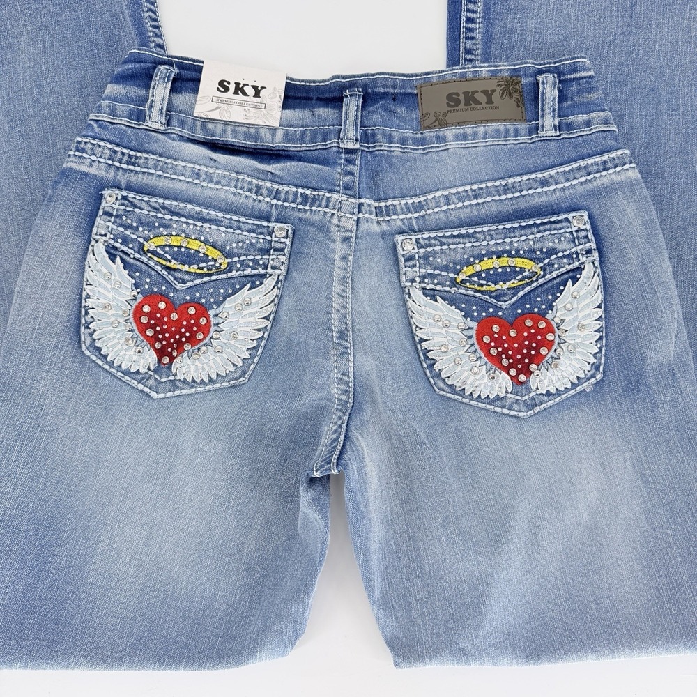 SKY Premium Collection Heart Angel Wings Halo Bling Rhinestone Flare Jeans 13 - Picture 6 of 9